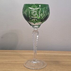 Green Cut Crystal Goblet with Clear Faceted Stem